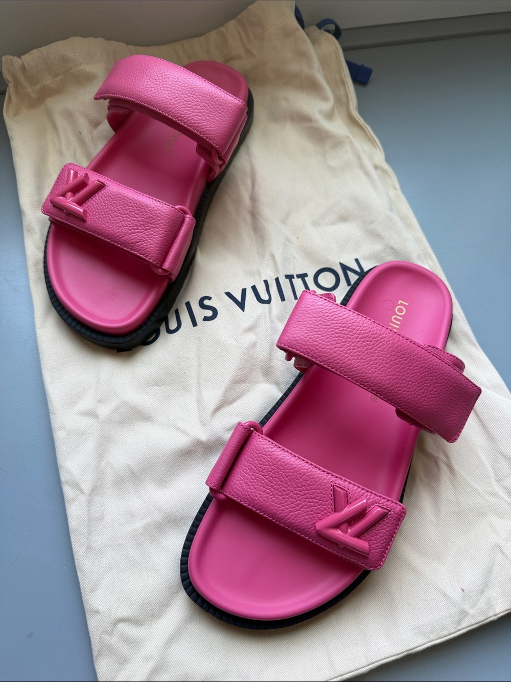 Louis Vuitton Hot Pink Double-Strap LV Slide Sandals